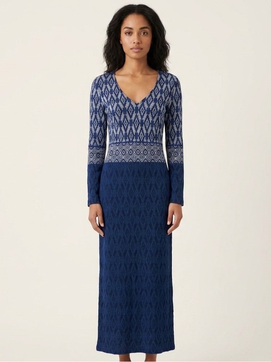 St. John Dresses & Skirts - St. John Evening Diamond Jacquard Knit Maxi Dress Navy Blue Silver Long Sleeve 4